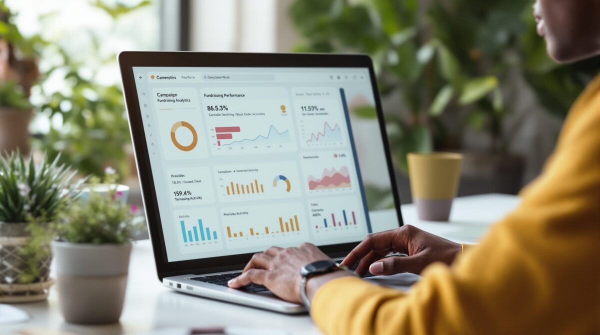 An analytics dashboard displaying fundraising progress, donor activity, and campaign performance metrics.