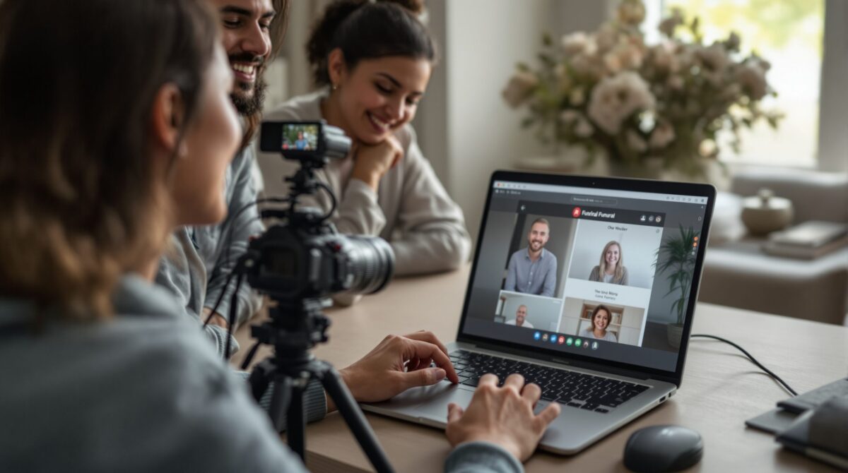 Laptop and camera setup for online funeral planning and livestream preparation